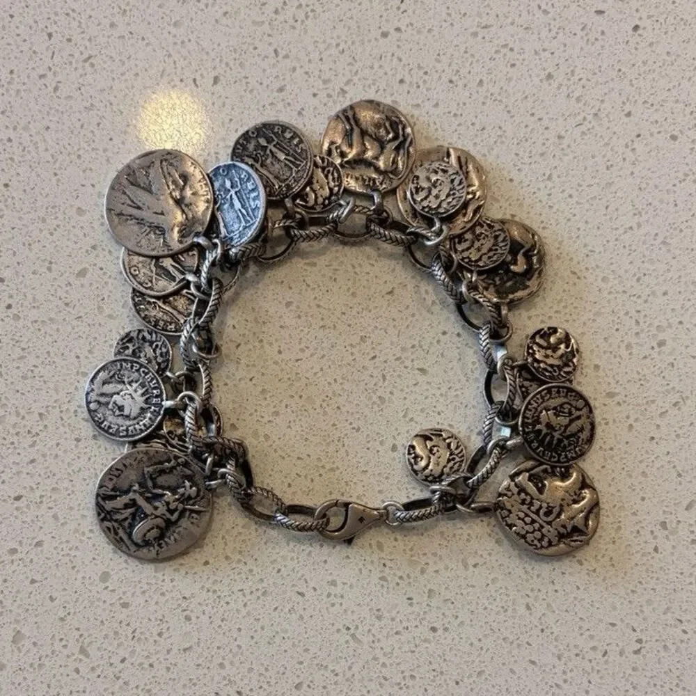 SILPADA-Sterling Silver Oxidized Roman Coin Cha Cha Charm Bracelet B1624 - 8in